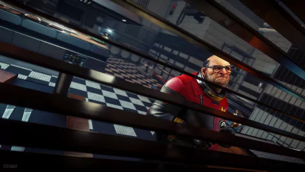 Prey (Video Game) video game 4K Ultra HD PC desktop wallpaper background: stern man in a red space suit peers over railings inside a dim, futuristic control room.