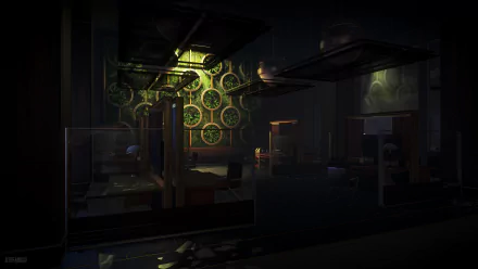 Moody interior from Prey (video game): shadowed industrial lab with glowing green circular machinery, scattered desks and consoles — 4K Ultra HD PC desktop wallpaper.