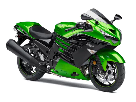 HD desktop wallpaper of a vibrant green Kawasaki Ninja ZX-14R motorcycle, showcasing the sleek design and dynamic features of this Kawasaki vehicle.