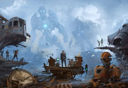 HD PC desktop wallpaper depicting a sci-fi scene with a robot in a post-apocalyptic landscape, featuring giant mechanical beings and futuristic elements.