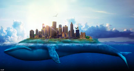 A giant blue whale underwater with a vibrant cityscape and nature on its back, blending fantasy elements in this HD PC desktop wallpaper and background.