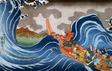 An artistic Japanese depiction of a monk navigating a boat through powerful waves, evoking a sense of adventure and tranquility. This HD image serves as a stunning desktop wallpaper.