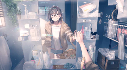 Anime-style wallpaper featuring a girl with short brown hair and glasses looking in a bathroom mirror while brushing her teeth. A cat is also present on the counter. The background shows bathroom essentials.
