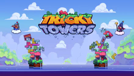 HD desktop wallpaper of Tricky Towers game with whimsical towers and cartoon wizards casting spells.