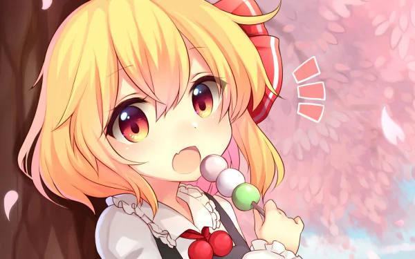 HD anime desktop wallpaper featuring Rumia from Touhou, depicted with bright eyes and holding dango against a soft pink cherry blossom background.