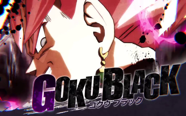Close-up profile of Goku Black (pink hair, dark aura) from Dragon Ball FighterZ, bold Goku Black logo on a vivid paint-splatter backdrop — HD PC desktop wallpaper and background.