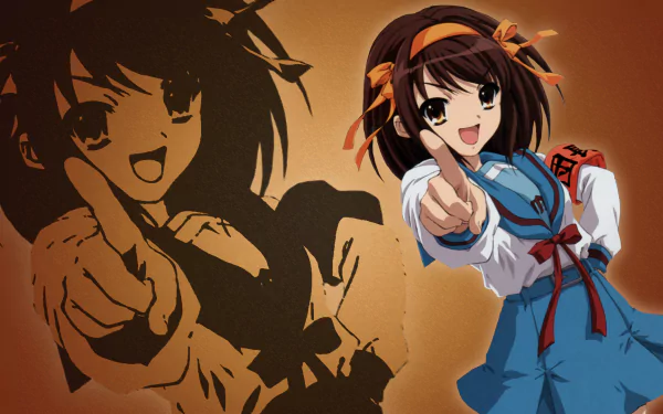 HD PC anime desktop wallpaper of Haruhi Suzumiya (The Melancholy of Haruhi Suzumiya): pointing and smiling in her blue school uniform with a large shadow silhouette on a warm brown background.
