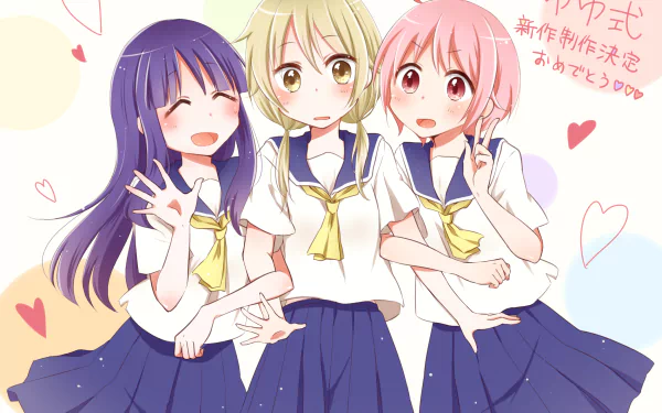 HD PC wallpaper of Yuzuko Nonohara, Yui Ichii, and Yukari Hinata from Yuyushiki, three schoolgirls in sailor uniforms smiling and holding hands amid pastel hearts