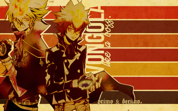 HD PC wallpaper: Giotto and Tsunayoshi Sawada from the anime Katekyō Hitman Reborn!, shown in stylized red-orange stripes with grunge, vintage effects.