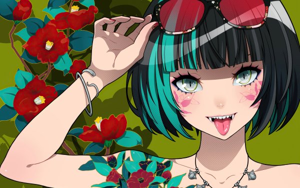 Anime Original Short Hair Black Hair Green Hair Smile Fangs Green Eyes Sunglasses Tattoo Flower HD Wallpaper | Background Image
