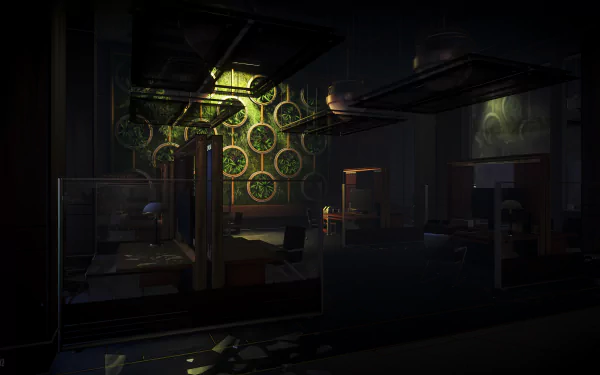 Moody interior from Prey (video game): shadowed industrial lab with glowing green circular machinery, scattered desks and consoles — 4K Ultra HD PC desktop wallpaper.