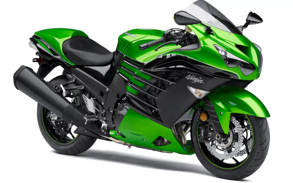 HD desktop wallpaper of a vibrant green Kawasaki Ninja ZX-14R motorcycle, showcasing the sleek design and dynamic features of this Kawasaki vehicle.