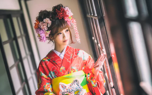flower brunette traditional costume kimono model woman asian HD Desktop Wallpaper | Background Image