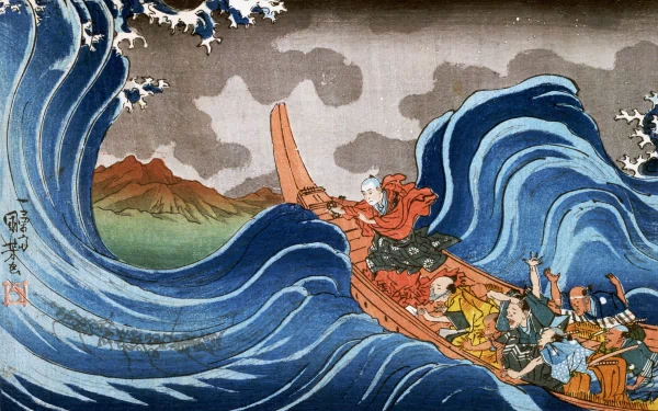 An artistic Japanese depiction of a monk navigating a boat through powerful waves, evoking a sense of adventure and tranquility. This HD image serves as a stunning desktop wallpaper.