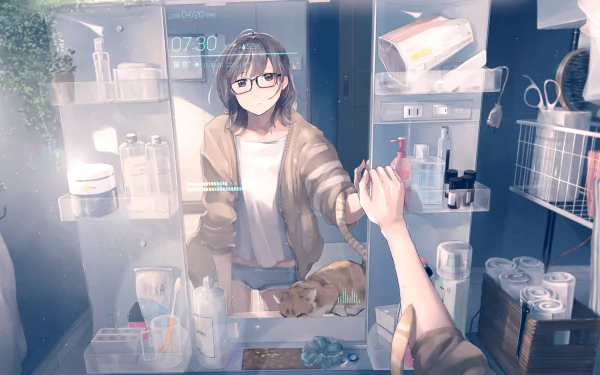 Anime-style wallpaper featuring a girl with short brown hair and glasses looking in a bathroom mirror while brushing her teeth. A cat is also present on the counter. The background shows bathroom essentials.