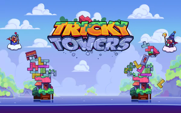 HD desktop wallpaper of Tricky Towers game with whimsical towers and cartoon wizards casting spells.