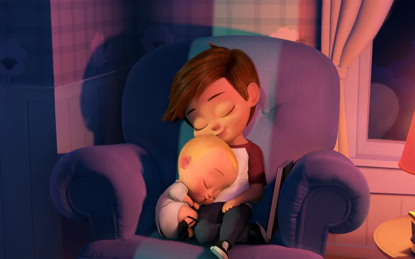 HD desktop wallpaper featuring Theodore Templeton (The Boss Baby) and Tim Templeton from the movie The Boss Baby, peacefully sleeping together in a cozy armchair.