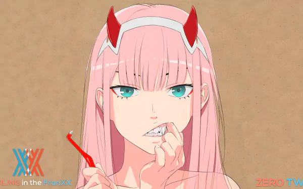 Zero Two from Darling in the FranXX with green eyes and pink hair, holding a toothbrush. The anime character is against a simple background, making it a HD desktop wallpaper.