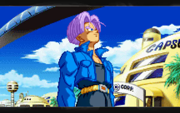 Trunks (Dragon Ball) in a blue jacket before Capsule Corporation under a bright sky — Anime Dragon Ball Z 4K Ultra HD PC desktop wallpaper and background.