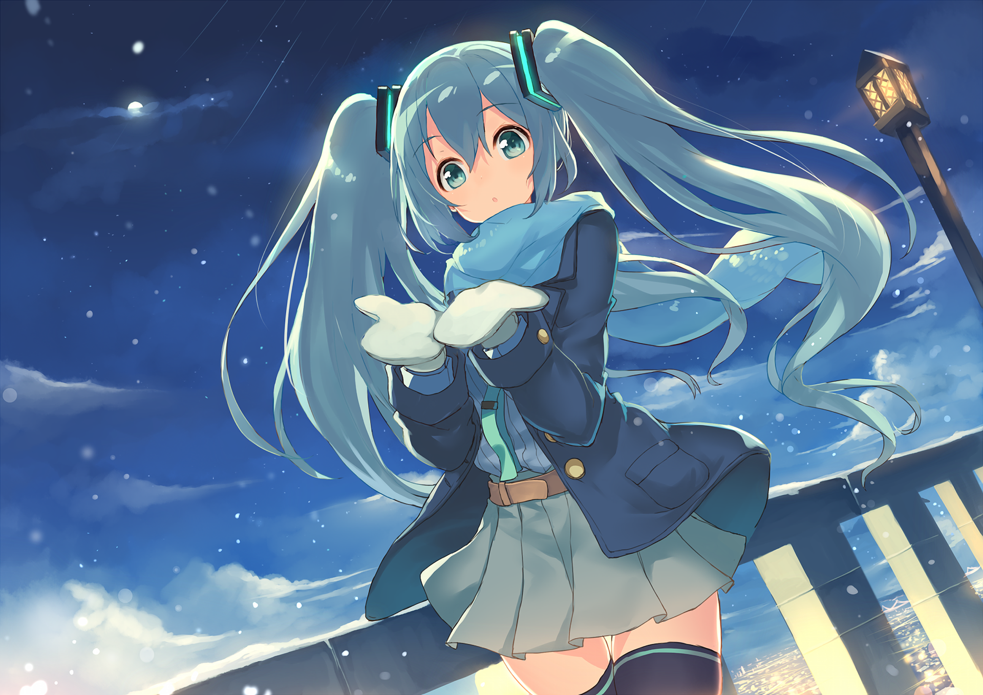 HD anime wallpaper featuring Hatsune Miku, the iconic Vocaloid character, standing under a starry night sky with flowing twin-tails and a winter outfit.
