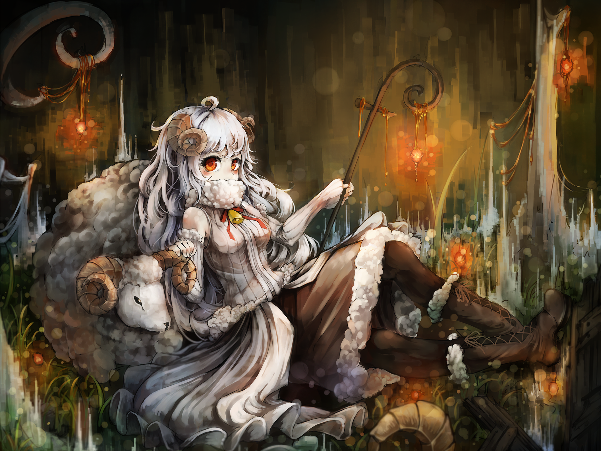 HD anime original desktop wallpaper featuring a girl with white hair and animal horns, surrounded by sheep and warm glowing lanterns in a dark, mystical setting.