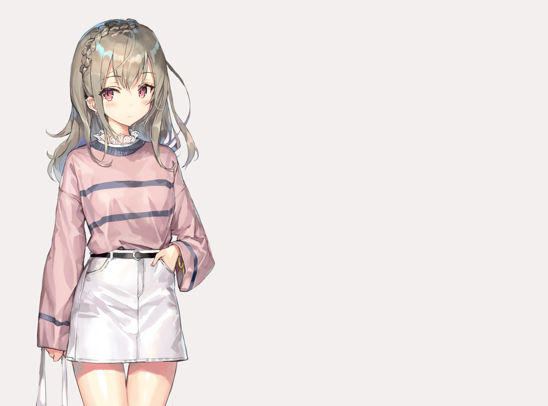 Anime-style original character with long blonde braided hair, pink eyes, and earrings, dressed in a pink striped sweater and white skirt, featured as an HD PC desktop wallpaper.