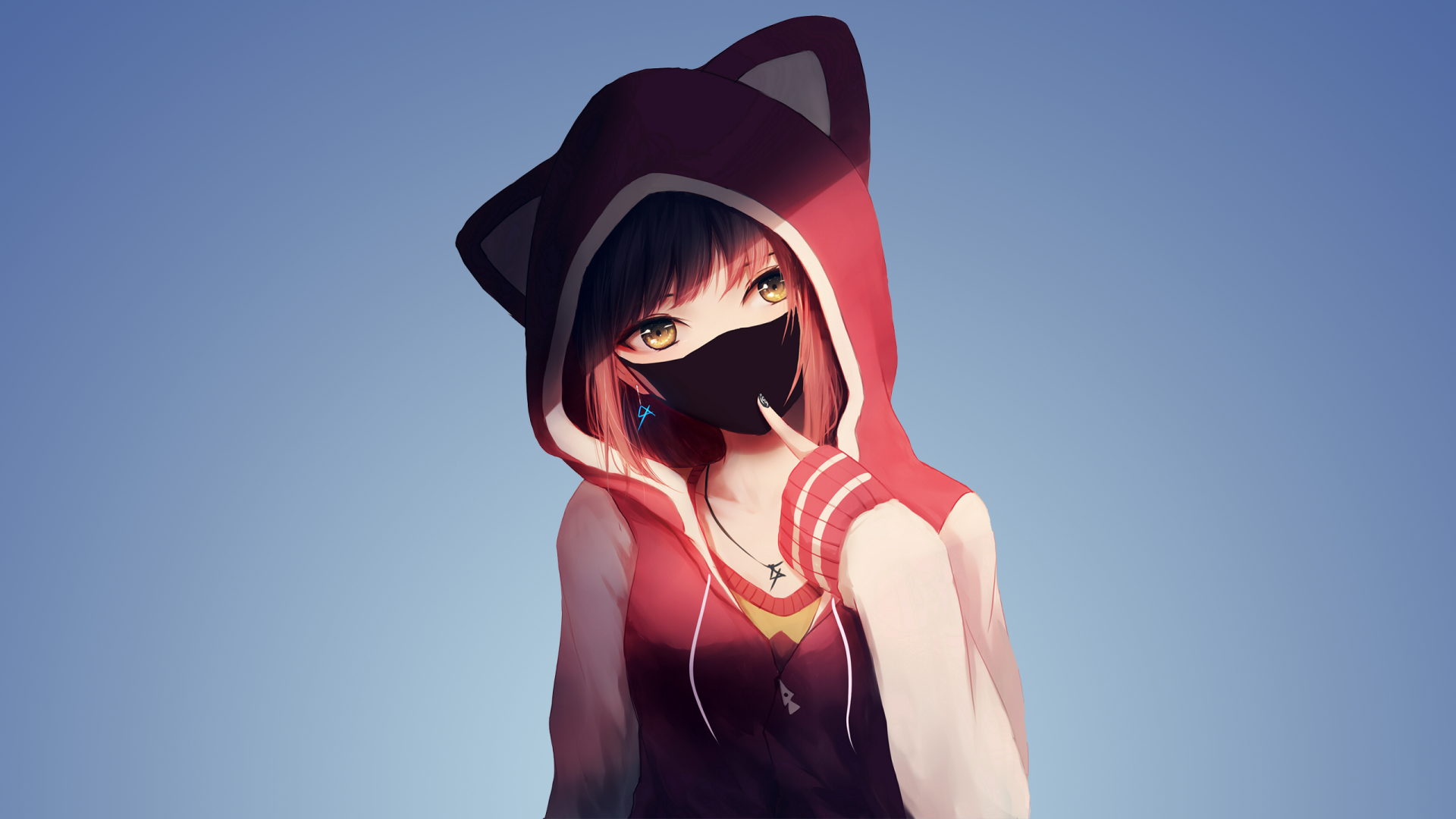 HD desktop wallpaper featuring an anime girl with cat ears on her hood, wearing a mask, with a gradient blue background.