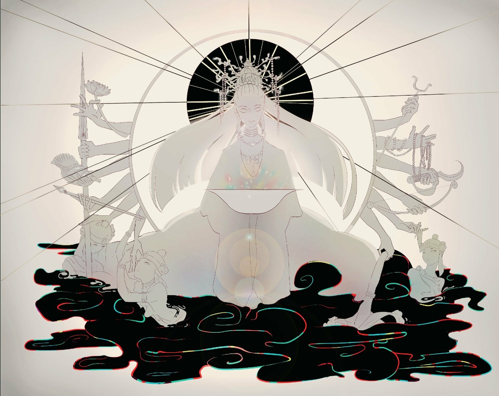 HD anime wallpaper from Land of the Lustrous featuring a central ethereal figure surrounded by circular symbolic elements and dark flowing shapes.