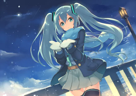 HD anime wallpaper featuring Hatsune Miku, the iconic Vocaloid character, standing under a starry night sky with flowing twin-tails and a winter outfit.