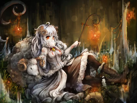HD anime original desktop wallpaper featuring a girl with white hair and animal horns, surrounded by sheep and warm glowing lanterns in a dark, mystical setting.