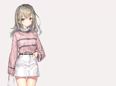 Anime-style original character with long blonde braided hair, pink eyes, and earrings, dressed in a pink striped sweater and white skirt, featured as an HD PC desktop wallpaper.