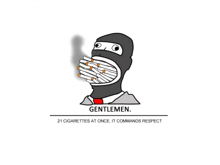 A funny Team Fortress 2 HD desktop wallpaper showing a character with 21 lit cigarettes in their mouth, captioned Gentlemen. 21 cigarettes at once, it commands respect.