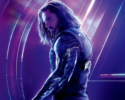 HD desktop wallpaper featuring Sebastian Stan as the Winter Soldier from the movie Avengers: Infinity War. He stands with a serious expression against a backdrop of glowing lines and dark hues.