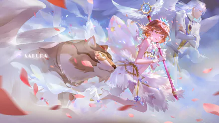 HD anime desktop wallpaper featuring Sakura Kinomoto, Keroberos, and Yue from Cardcaptor Sakura surrounded by cherry blossoms and soft pastel tones.