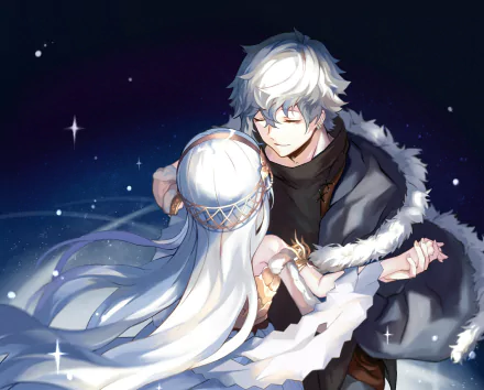 Anastasia (Fate/Grand Order) cradled by Kadoc Zemlupus beneath a starry night — anime HD desktop wallpaper, fur-lined cloak and flowing white hair.