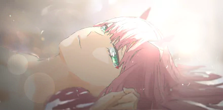 Anime HD desktop wallpaper featuring Zero Two from Darling in the FranXX, gazing upward with her hand beside her face, bathed in soft, ethereal light.