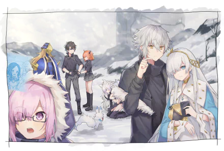 HD anime wallpaper of Fate/Grand Order: Fujimaru Ritsuka (male) and Mashu Kyrielight center, with Avicebron, Kadoc Zemlupus, Anastasia and Fou in a snowy landscape.