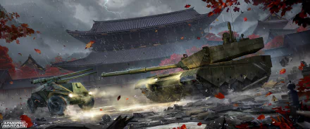 HD PC desktop wallpaper/background for the video game Armored Warfare: heavy tanks advance across a rain-swept courtyard before a traditional temple as red autumn leaves swirl.