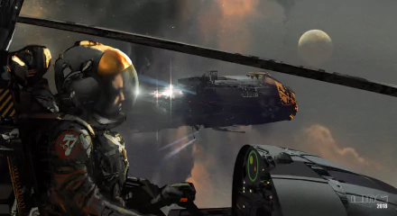 Futuristic space pilot inside a sci-fi spaceship cockpit, navigating through a cosmic scene with a distant planet, captured in 4K Ultra HD for PC desktop wallpaper.