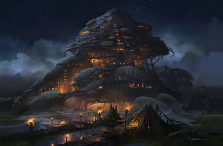 Nighttime fantasy cityscape with an intricately designed, glowing structure. HD desktop wallpaper and background.