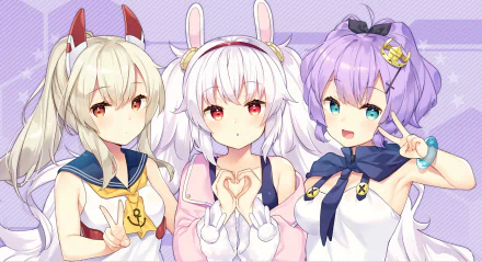 HD desktop wallpaper featuring Laffey, Javelin, and Ayanami from Azur Lane. The anime characters are posed together with light-hearted expressions and bright, colorful outfits.