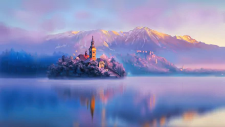 A serene winter sunrise over Lake Bled in Slovenia, with the Assumption of Mary Church gracing an island, surrounded by fog and mountains, captured in high-definition.