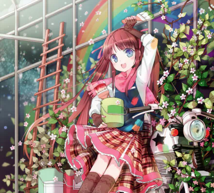 flower bow (Clothing) blue eyes twintails paint rainbow bike smile brown hair long hair Anime Original HD Desktop Wallpaper | Background Image