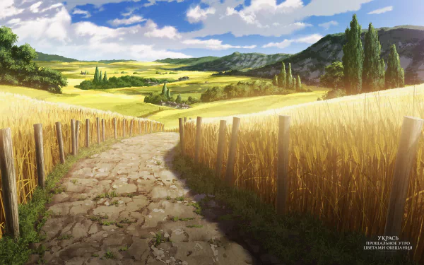 HD PC desktop wallpaper featuring an anime-style rural landscape from Maquia: When the Promised Flower Blooms with a winding stone path through golden fields under a blue sky.