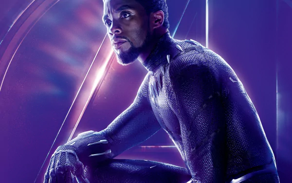 HD desktop wallpaper of Chadwick Boseman as Black Panther in the movie Avengers: Infinity War, featuring a dynamic pose with a purple and blue background.
