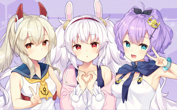 HD desktop wallpaper featuring Laffey, Javelin, and Ayanami from Azur Lane. The anime characters are posed together with light-hearted expressions and bright, colorful outfits.