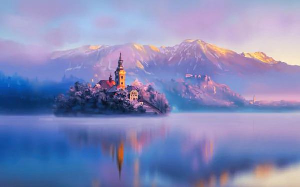 A serene winter sunrise over Lake Bled in Slovenia, with the Assumption of Mary Church gracing an island, surrounded by fog and mountains, captured in high-definition.