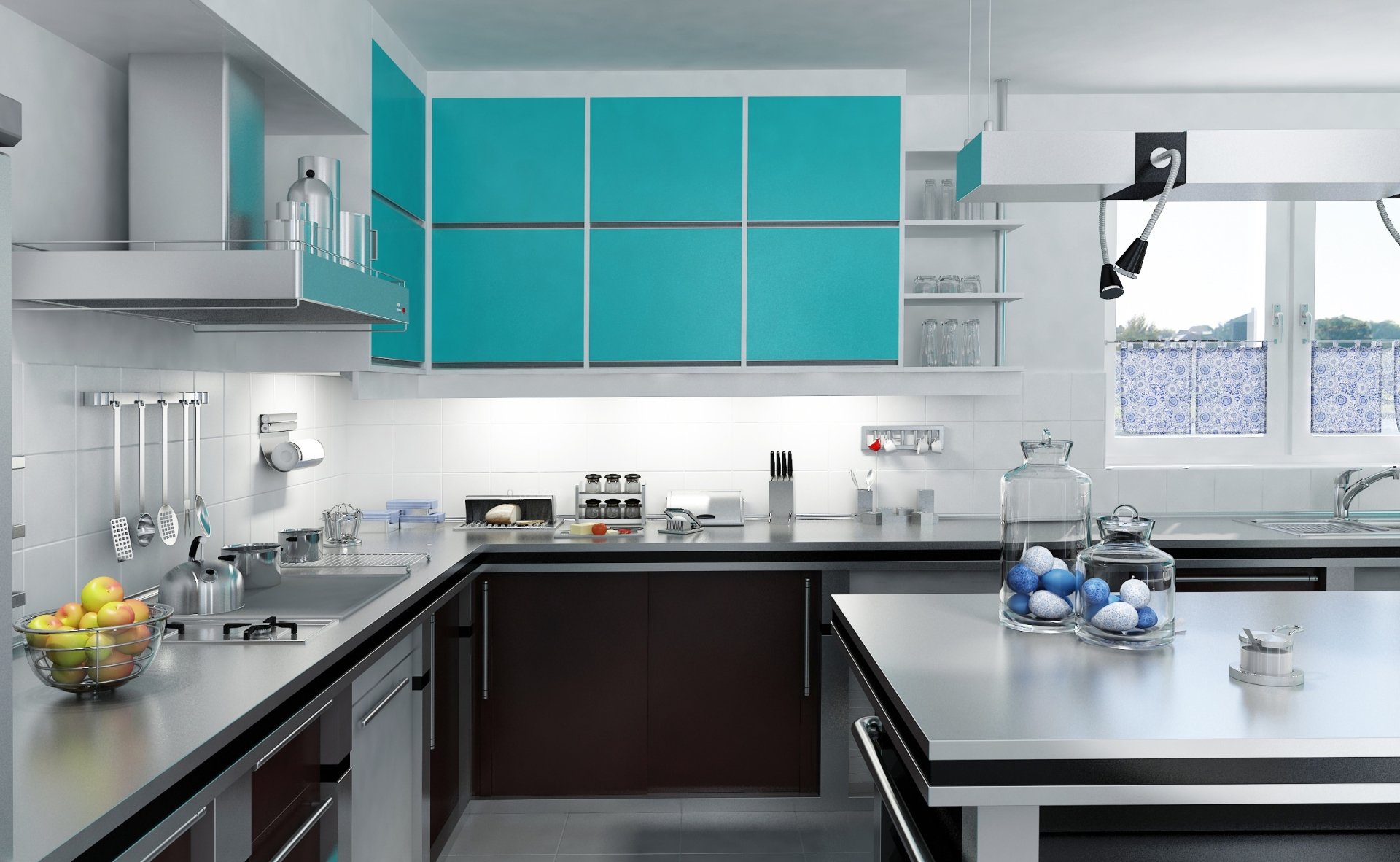 HD PC desktop wallpaper depicting a modern kitchen with sleek turquoise cabinets, stainless steel appliances, and a clean, spacious man-made room design.