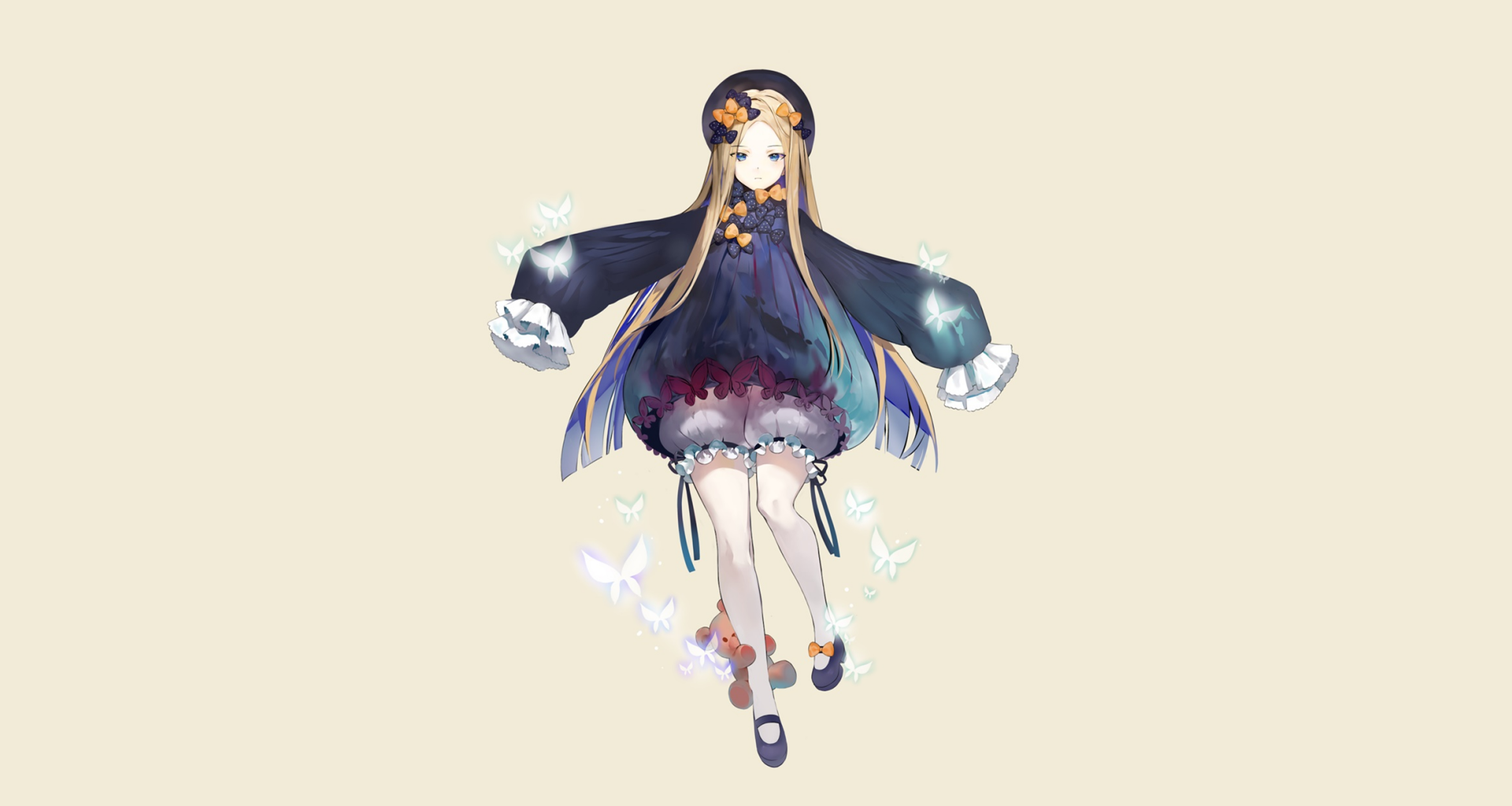 HD anime desktop wallpaper of Abigail Williams (Fate/Grand Order): full-body illustration of her floating in a dark cloak and frilled dress on a soft beige background with glowing butterflies.