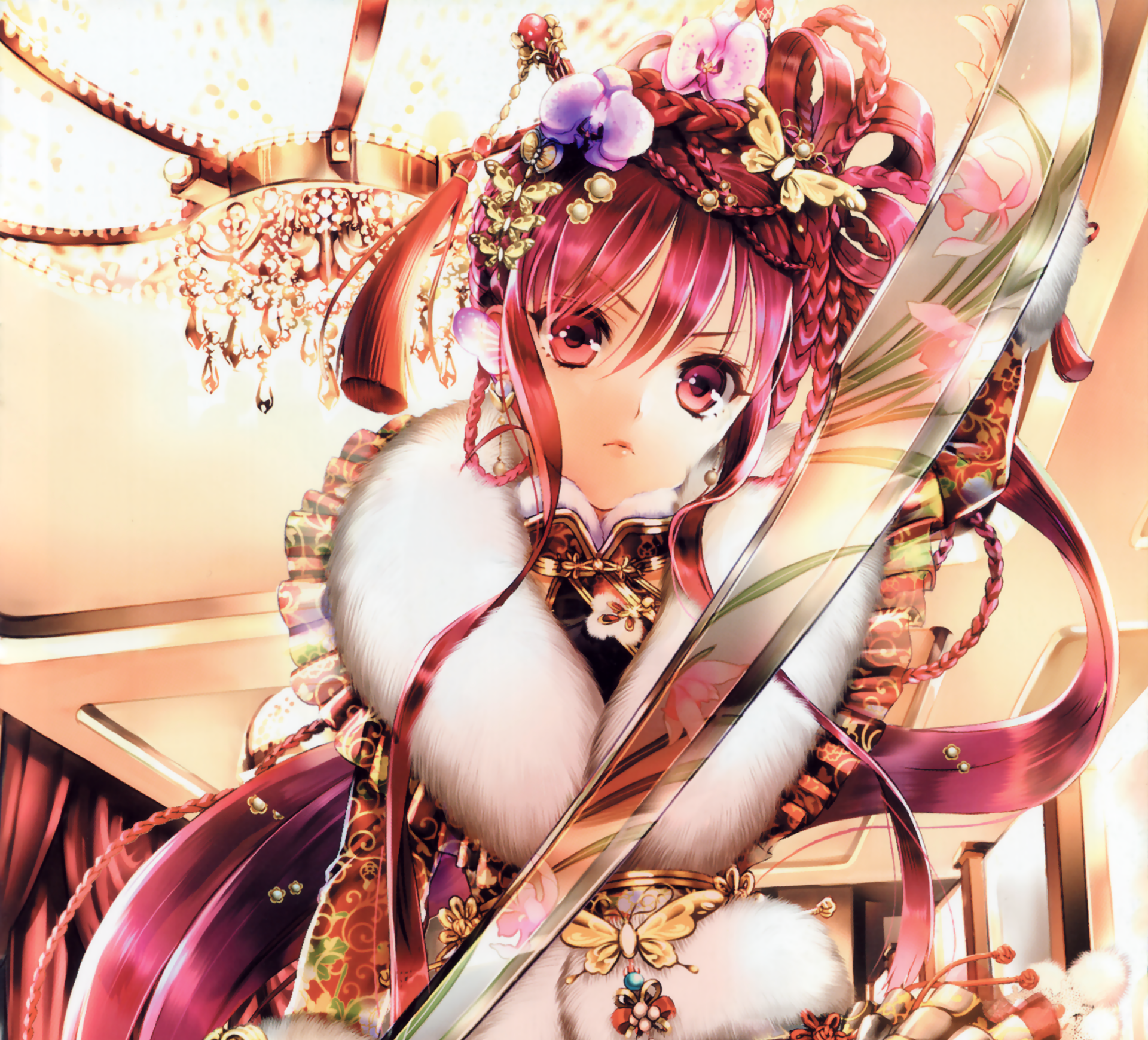 Download Pink Eyes Pink Hair Braid Headdress Sword Flower Long Hair Anime Original HD Wallpaper by Cocoon